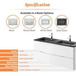 Plum&clay Eden Gloss White Wall Hung Vanity Unit With Grey Glass Basin (W)1200mm - thumbnail 7