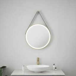 FNX Bathrooms Valletta 600mm Round Led Bathroom Mirror With Tunable White, Dimmable Light, Demister, Leather Strap & Brushed Gold Trim