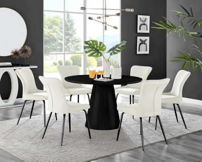 Furniturebox Uk Palma Black Semi-Gloss Round Pedestal Dining Table & 6 Cream Velvet Nora Black Leg Chairs - image 1
