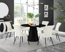 Furniturebox Uk Palma Black Semi-Gloss Round Pedestal Dining Table & 6 Cream Velvet Nora Black Leg Chairs