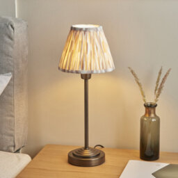 Luminosa Lighting Luminosa Rise Antique Bronze Plate Table Lamp With Neutral Print Fabric Ikat Shade 16Cm E14 - thumbnail 4