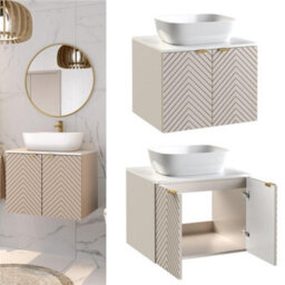 Impact Furniture Vanity Unit With Sink 600mm White Countertop Beige Fluted Bathroom Wall Cabinet Cara - thumbnail 1