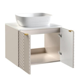 Impact Furniture Vanity Unit With Sink 600mm White Countertop Beige Fluted Bathroom Wall Cabinet Cara - thumbnail 5