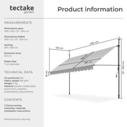 Tectake Awning With Hand Crank - Pressure Fitted , Height Adjustable 400 X 180 Cm - Light Grey - thumbnail 6