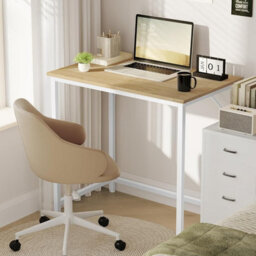 Songmics Small Office Desk For Study Or Bedroom, Space-Saving Work Table With Simple Design, Natural Oak And Pearl White - thumbnail 1