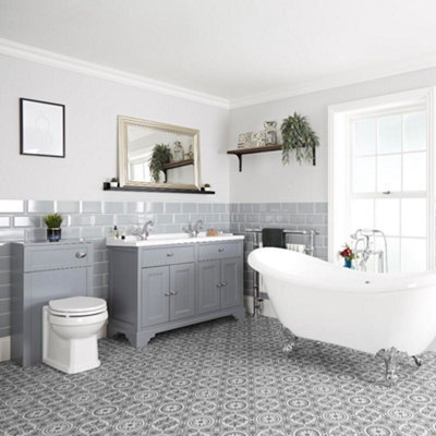 Homestylestore Light Grey Bathroom Suite With Double Ended Slipper Bath And Feet, 1210mm Vanity Unit And Back To Wall Toilet Unit - image 1