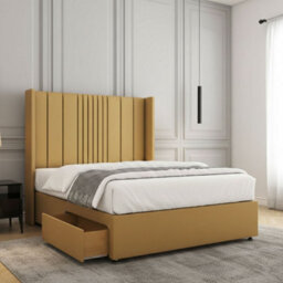 REGIONAL FURNISHINGS Mustard Plush Velvet Divan Bed Set Upholstered 54Inch Headboard 2Drawersfootend & Mattress In Double King 4Ft 6Ft Sizes