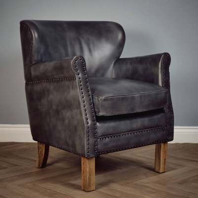 Elm Home And Products Real Genuine Leather Tub Aviator Wing Accent Arm Chair Grey 86Cm High X 73Cm Wide X 73Cm Deep - image 1