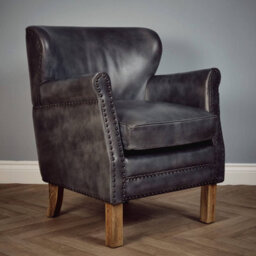 Elm Home And Products Real Genuine Leather Tub Aviator Wing Accent Arm Chair Grey 86Cm High X 73Cm Wide X 73Cm Deep