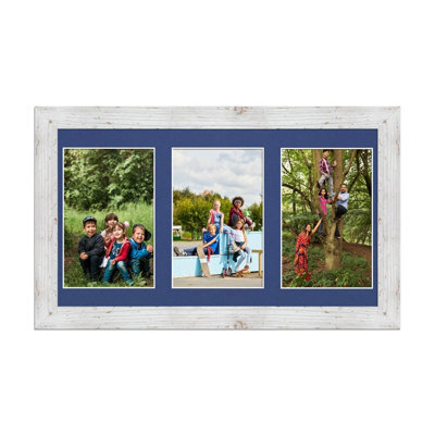 AK Frames 40X20Cm White Rustic Modern Multi Photo Frame With Blue Mount - Holds 3 Apertures (3X) 6X4 Photos - image 1