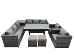 Fimous Outdoor Corner Sofa Chair Dining Table Set Garden Rattan Furniture Set 10 Seater With Side Table 2 Small Stool Dark Grey - thumbnail 2
