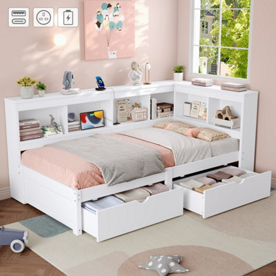 Matteo Modern Single 3Ft L-Shape Daybed With Storage Drawers, Bookcase Headboard & Usb Charging Station - White - image 1