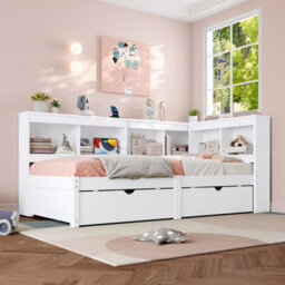 Matteo Modern Single 3Ft L-Shape Daybed With Storage Drawers, Bookcase Headboard & Usb Charging Station - White - thumbnail 2
