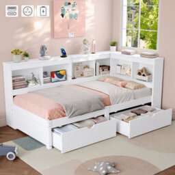 Matteo Modern Single 3Ft L-Shape Daybed With Storage Drawers, Bookcase Headboard & Usb Charging Station - White - thumbnail 1