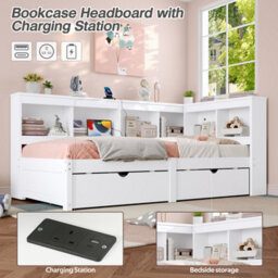 Matteo Modern Single 3Ft L-Shape Daybed With Storage Drawers, Bookcase Headboard & Usb Charging Station - White - thumbnail 6
