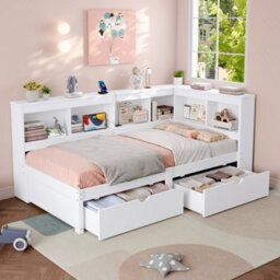Matteo Modern Single 3Ft L-Shape Daybed With Storage Drawers, Bookcase Headboard & Usb Charging Station - White - thumbnail 3
