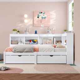 Matteo Modern Single 3Ft L-Shape Daybed With Storage Drawers, Bookcase Headboard & Usb Charging Station - White - thumbnail 5