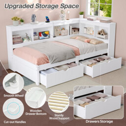 Matteo Modern Single 3Ft L-Shape Daybed With Storage Drawers, Bookcase Headboard & Usb Charging Station - White - thumbnail 7