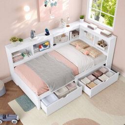 Matteo Modern Single 3Ft L-Shape Daybed With Storage Drawers, Bookcase Headboard & Usb Charging Station - White - thumbnail 4