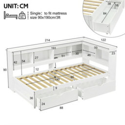 Matteo Modern Single 3Ft L-Shape Daybed With Storage Drawers, Bookcase Headboard & Usb Charging Station - White - thumbnail 9