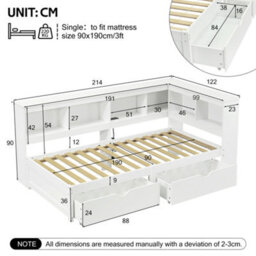 Matteo Modern Single 3Ft L-Shape Daybed With Storage Drawers, Bookcase Headboard & Usb Charging Station - White - thumbnail 8