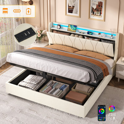 Matteo 5Ft King Upholstered Bed Frame With Hydraulic Storage, Led Headboard & Charging Station - Beige - image 1