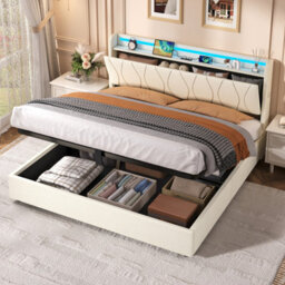 Matteo 5Ft King Upholstered Bed Frame With Hydraulic Storage, Led Headboard & Charging Station - Beige - thumbnail 2