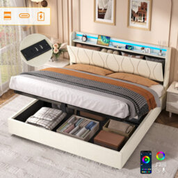 Matteo 5Ft King Upholstered Bed Frame With Hydraulic Storage, Led Headboard & Charging Station - Beige - thumbnail 1