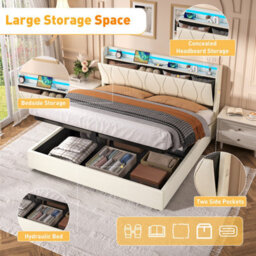 Matteo 5Ft King Upholstered Bed Frame With Hydraulic Storage, Led Headboard & Charging Station - Beige - thumbnail 6