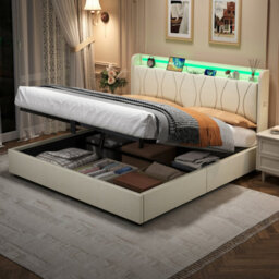 Matteo 5Ft King Upholstered Bed Frame With Hydraulic Storage, Led Headboard & Charging Station - Beige - thumbnail 5