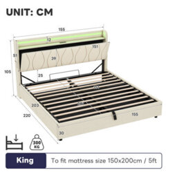 Matteo 5Ft King Upholstered Bed Frame With Hydraulic Storage, Led Headboard & Charging Station - Beige - thumbnail 9