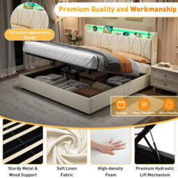 Matteo 5Ft King Upholstered Bed Frame With Hydraulic Storage, Led Headboard & Charging Station - Beige - thumbnail 8