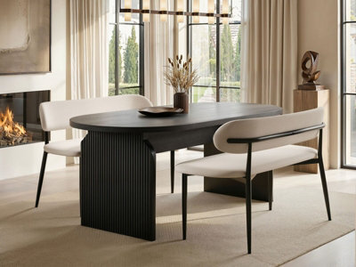 Solace+Co Varm And Cyra Black Dining Table With 2 Chenille Benches, Beige - image 1