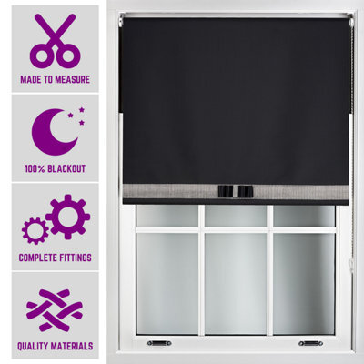 Black Blackout Roller Blind With Silver Diamante & Black Bow Free Cut Down Service By Furnished - (W)120Cm X (L)210Cm - image 1
