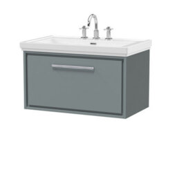 Balterley Longnor Modern Bathroom Wall Hung Single Drawer Vanity Unit With Fireclay Basin, Coastal Grey, 800mm