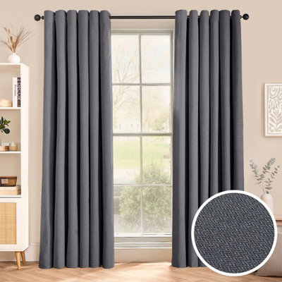Aspire Homeware Charcoal Linen 100% Blackout Curtain Thermal Insulated Eyelet Curtain Pair (W)228Cm X (D)228Cm With Tie Back - image 1