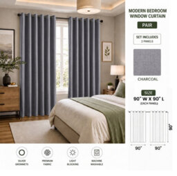 Aspire Homeware Charcoal  Linen 100% Blackout Curtain-Thermal Insulated Eyelet Room Darkening Curtain Pair (W)228Cm X (D)228Cm - thumbnail 7