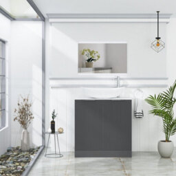 Royal Bathrooms Evora 800mm Graphite Grey Fluted Floor Standing Countertop Vanity Unit 2 Door With Cesar Basin - thumbnail 2