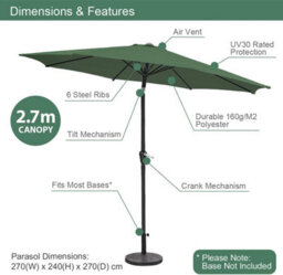 Garden Market Place 2.7M Wide Garden Parasol Umbrella With Tilt And Crank (Dark Green) - thumbnail 9