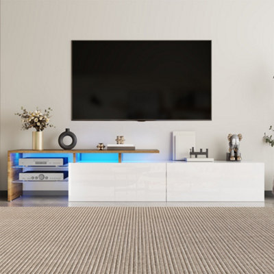 Abrihome Modern Tv Unit Stylish Cabinet With Glass Shelves & Integrated Led Lighting, Practical Storage For Living Rooms, White & Wood - image 1
