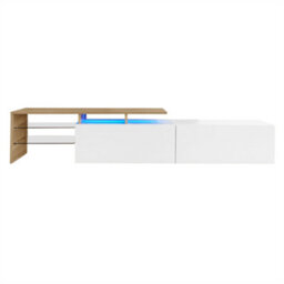 Abrihome Modern Tv Unit Stylish Cabinet With Glass Shelves & Integrated Led Lighting, Practical Storage For Living Rooms, White & Wood - thumbnail 2