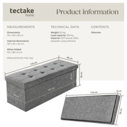 Tectake Stool - Foldable, Padded, Polyester, Large Storage Space, 110 X 38 X 38 Cm - Light Grey, 1 - thumbnail 6
