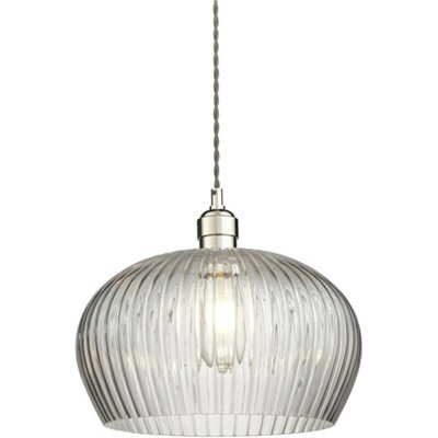 Loops Hanging Ceiling Pendant Light - Bright Nickel Plate & Clear Ribbed Dome Glass - 10W Led E27 - image 1