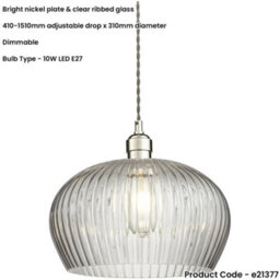 Loops Hanging Ceiling Pendant Light - Bright Nickel Plate & Clear Ribbed Dome Glass - 10W Led E27 - thumbnail 2