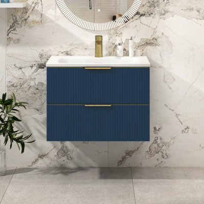 Royal Bathrooms Evora 700mm Midnight Blue Fluted Wall Hung Bathroom Vanity Unit 2 Drawer Cabinet Storage With Stone Basin & Brushed Brass Handles - image 1
