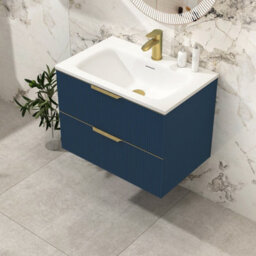 Royal Bathrooms Evora 700mm Midnight Blue Fluted Wall Hung Bathroom Vanity Unit 2 Drawer Cabinet Storage With Stone Basin & Brushed Brass Handles - thumbnail 4