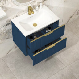 Royal Bathrooms Evora 700mm Midnight Blue Fluted Wall Hung Bathroom Vanity Unit 2 Drawer Cabinet Storage With Stone Basin & Brushed Brass Handles - thumbnail 3