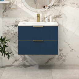 Royal Bathrooms Evora 700mm Midnight Blue Fluted Wall Hung Bathroom Vanity Unit 2 Drawer Cabinet Storage With Stone Basin & Brushed Brass Handles