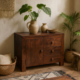 Wyld Haus Phuket Dark Mango Wood Sideboard, 3 Drawers And 1 Door, Medium - thumbnail 2