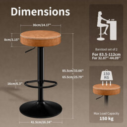"Stoolink Breakfast Bar Stools Set Of 2, Backless Swivel With Footrest, Adjustable 25.8""-33.7"" Microfiber Leather - Brown" - thumbnail 2